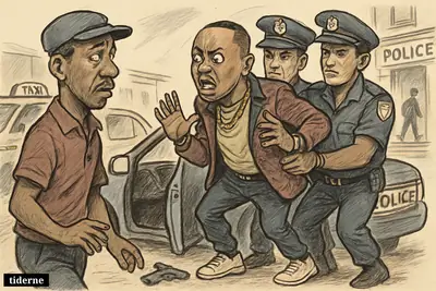 Caricature of Jub Jub being arrested beside a car, with a frightened taxi driver, police officers, and urban roadside legal-crime elements.