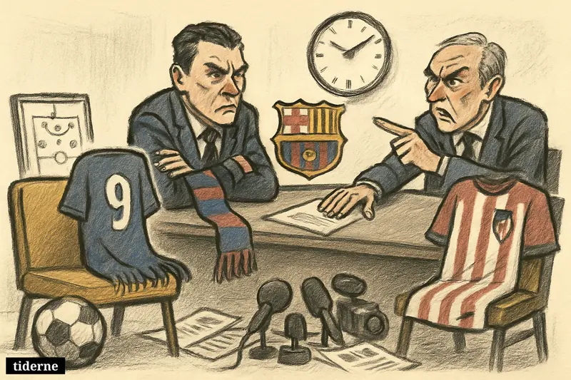 An empty football player seat faces tense club officials, with Barcelona and Atlético symbols, media gear, and a stalled transfer meeting. (AI-genereret illustration)