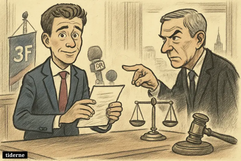 A caricature of Aalborg’s mayor clutching a disputed letter while a stern law professor points to legal symbols in a municipal office.