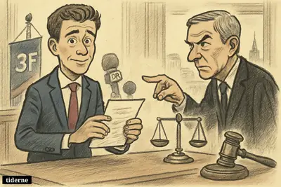 A caricature of Aalborg’s mayor clutching a disputed letter while a stern law professor points to legal symbols in a municipal office.