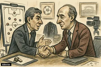 Negotiators in a football federation room shake hands beside a tactics board, coach’s jacket, football, and broadcaster equipment. (AI-genereret illustration)