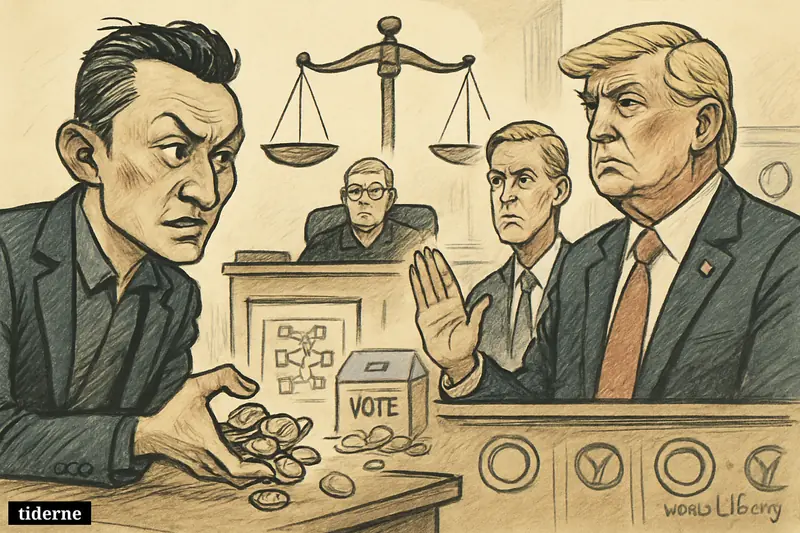 Justin Sun faces Donald and Eric Trump in a courtroom caricature, clutching crypto tokens as governance symbols and legal props frame the dispute.