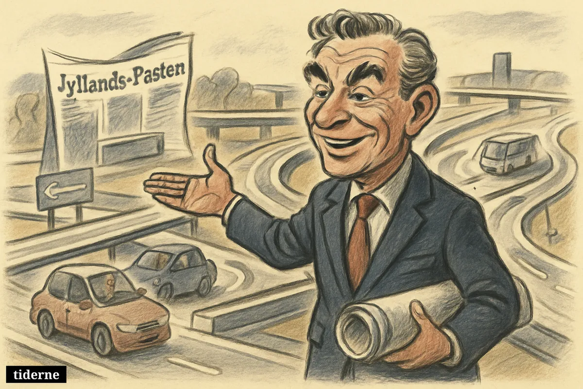 Caricature of Lars Storgaard presenting a major new road route as commuters drive smoothly through a busy East Jutland interchange.
