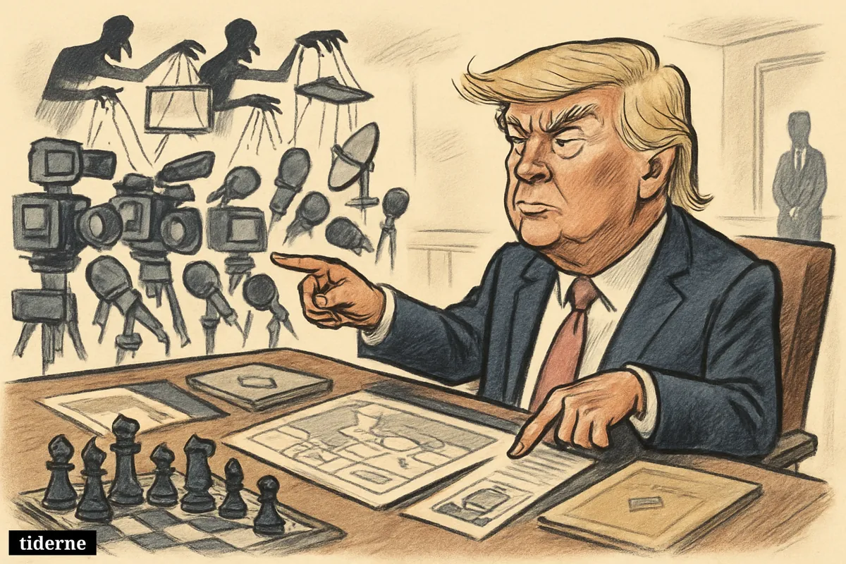 Caricature of Donald Trump at a desk surrounded by cameras, screens, intelligence papers, and puppet-like media manipulation in a tense newsroom war room. (AI-genereret illustration)