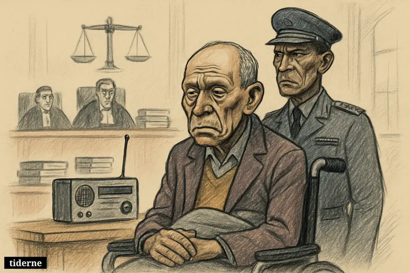 An elderly Félicien Kabuga in a wheelchair sits in a courtroom as Théoneste Bagosora looms behind, with a radio and justice symbols nearby.