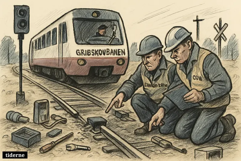 Investigators inspect a stopped regional train and a missing automatic stop device near a danger signal on a rural rail line.