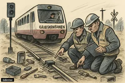 Investigators inspect a stopped regional train and a missing automatic stop device near a danger signal on a rural rail line.