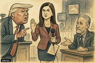 Kaitlan Collins calmly responds on a talk-show set as Donald Trump gestures angrily nearby and Jon Stewart watches from his desk. (AI-genereret illustration)