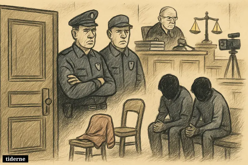 Closed courtroom door, two teenage detainees on a bench, court officers, judge’s bench, and child-related props suggesting a sealed minor abuse case.