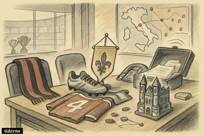 Club symbols for Milan, Fiorentina, and Crystal Palace crowd a transfer table around unclaimed boots and contract papers in a football office.