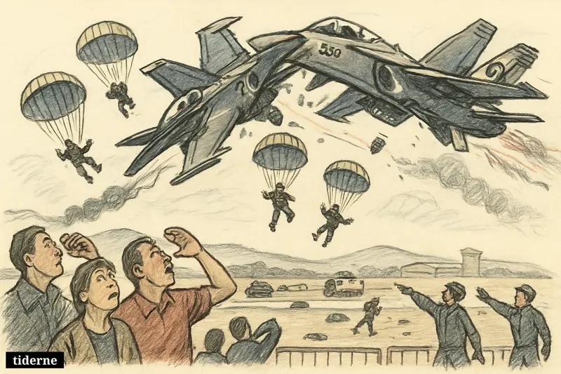Two military jets collide above an airshow as four crew members parachute down and spectators watch from below.