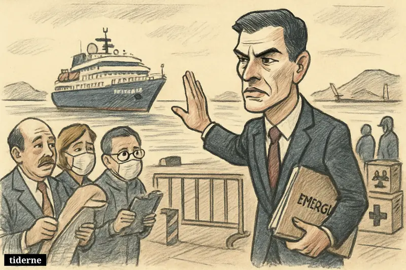 Pedro Sánchez on a harbor dock signals a virus-hit cruise ship to stay offshore as officials and health workers gather nearby.