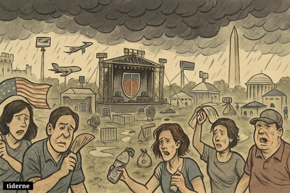 Crowds flee a stormy, sweltering National Mall celebration amid sponsor displays, puddles, stage equipment, and symbols of heavy public funding.