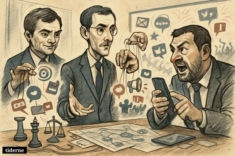 Three political caricatures in a war room, surrounded by screens, phones, chess pieces, and chaotic symbols of digital populist strategy.