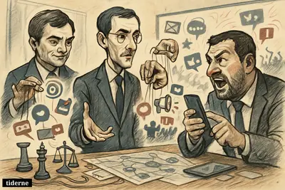 Three political caricatures in a war room, surrounded by screens, phones, chess pieces, and chaotic symbols of digital populist strategy.