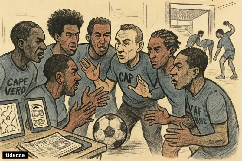 Cape Verde players and coach huddle in a Tampa training room, animatedly communicating before a World Cup match, with football media devices nearby.
