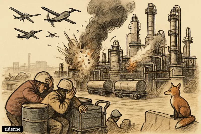 Caricature of Moscow’s Kapotnya refinery under drone attack, with workers ducking, smoke rising, halted fuel trucks, and a fox perched nearby.