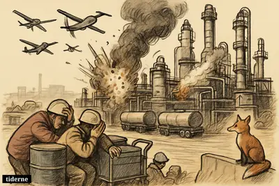 Caricature of Moscow’s Kapotnya refinery under drone attack, with workers ducking, smoke rising, halted fuel trucks, and a fox perched nearby.