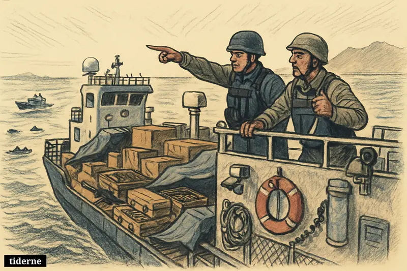 A hijacked ship packed with weapons is escorted through tense Gulf waters by armed naval figures and a patrol boat.