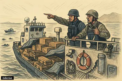 A hijacked ship packed with weapons is escorted through tense Gulf waters by armed naval figures and a patrol boat.