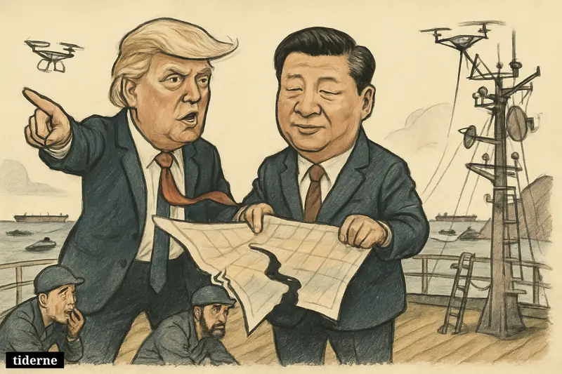 Trump and Xi as central caricatures on an oil tanker in Hormuz, amid drones, boarding gear, circling boats, and tense maritime chaos.