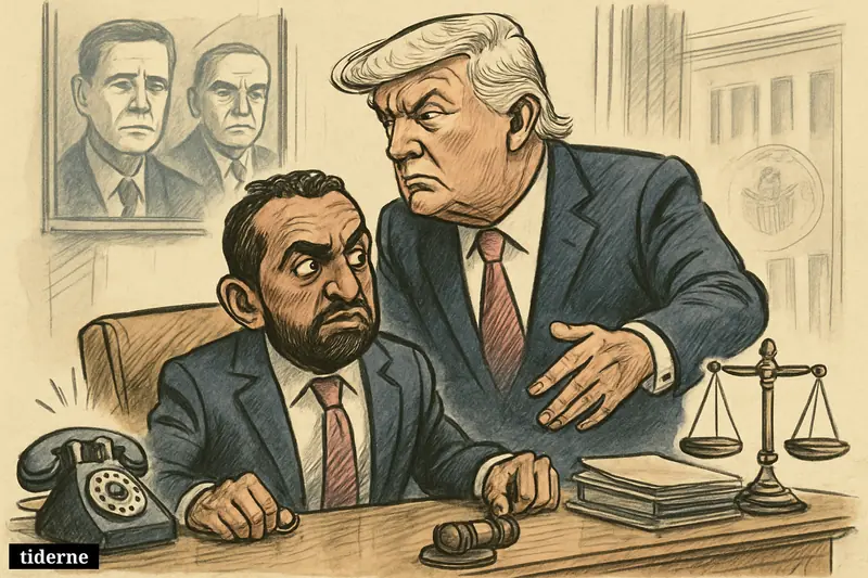 Kash Patel sits nervously at an FBI director’s desk while Donald Trump looms behind him, with Comey and Hoover appearing as watchful portraits.