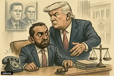 Kash Patel sits nervously at an FBI director’s desk while Donald Trump looms behind him, with Comey and Hoover appearing as watchful portraits.