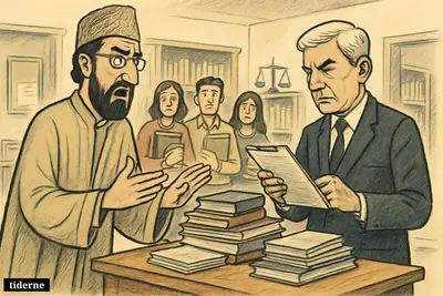 Caricature of Mirwaiz Umar Farooq confronting Manoj Sinha in a Kashmir school library as books and academic papers are scrutinized. (AI-genereret illustration)
