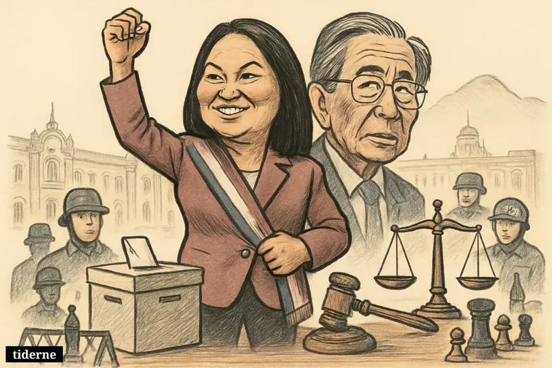 Keiko Fujimori celebrates victory on a platform as Alberto Fujimori looms behind, with election and security symbols around them.