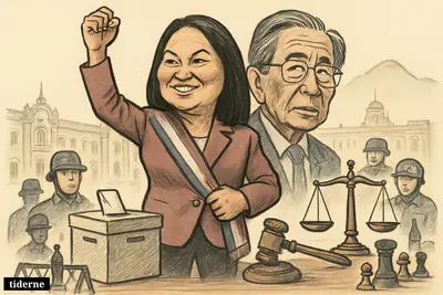 Keiko Fujimori celebrates victory on a platform as Alberto Fujimori looms behind, with election and security symbols around them.