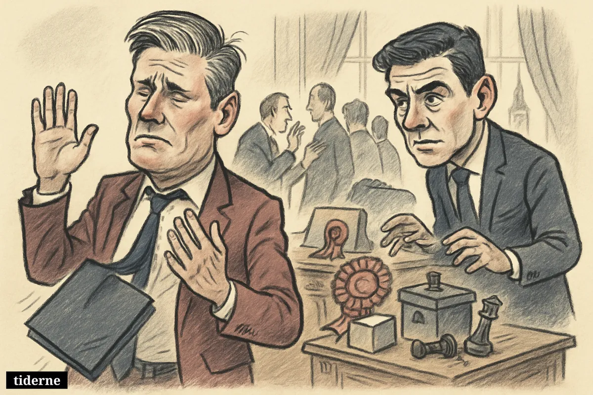 Keir Starmer steps away from his desk as Andy Burnham watches and party figures whisper during a tense Labour leadership revolt scene.