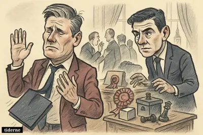 Keir Starmer steps away from his desk as Andy Burnham watches and party figures whisper during a tense Labour leadership revolt scene.