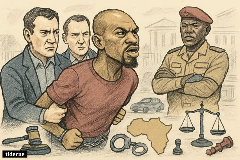 Caricature of Kemi Seba being detained in Pretoria while a stern Abdourahamane Tchiani looms behind amid legal and coup-themed props.