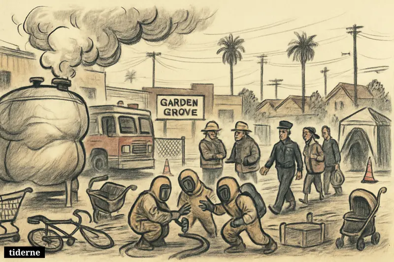 Hazmat crews and firefighters respond to a leaking industrial tank as evacuated residents are guided away from a California neighborhood.