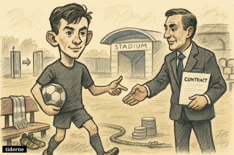 A teenage football caricature walks toward a new club official on a training ground, leaving old boots behind as transfer symbols surround them.