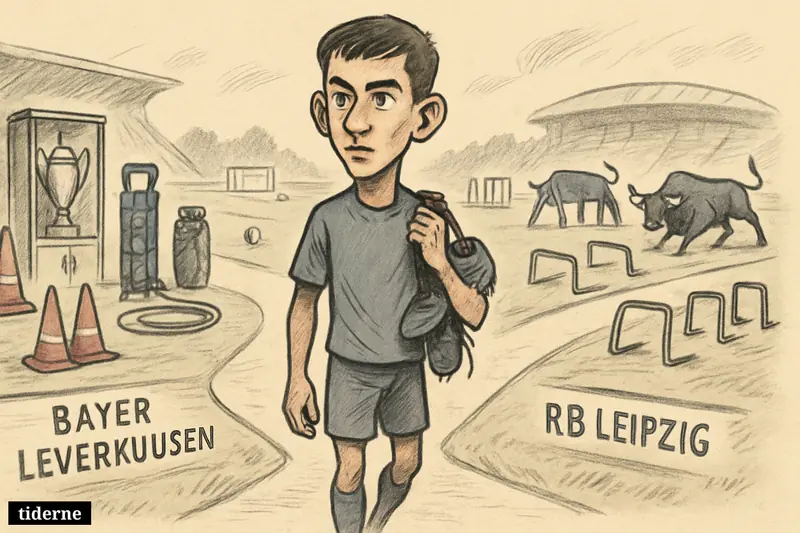 A teenage football talent hesitates at a crossroads between two club paths, with training-ground clues pointing toward Leverkusen and Leipzig.