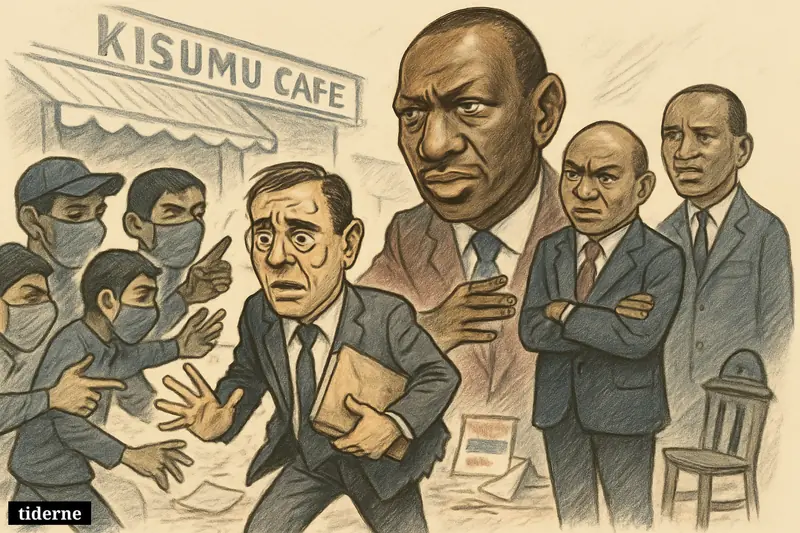 Caricature of Senator Godfrey Osotsi confronted by masked youths outside a café, with William Ruto, Rigathi Gachagua, and Kipchumba Murkomen looming behind.