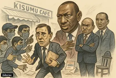 Caricature of Senator Godfrey Osotsi confronted by masked youths outside a café, with William Ruto, Rigathi Gachagua, and Kipchumba Murkomen looming behind.