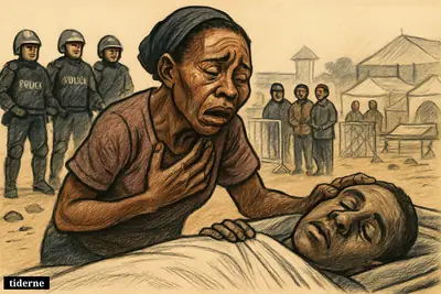 A grieving mother kneels by her dead teenage son in a morgue scene, with police, protesters, and a fenced quarantine compound behind.