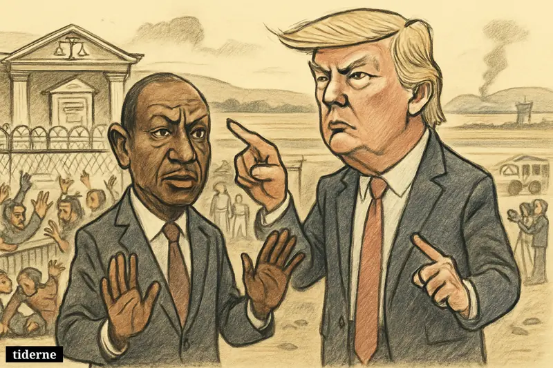 Caricatures of William Ruto and Donald Trump amid deadly protests outside a fenced Ebola facility near a Kenyan court and air base.