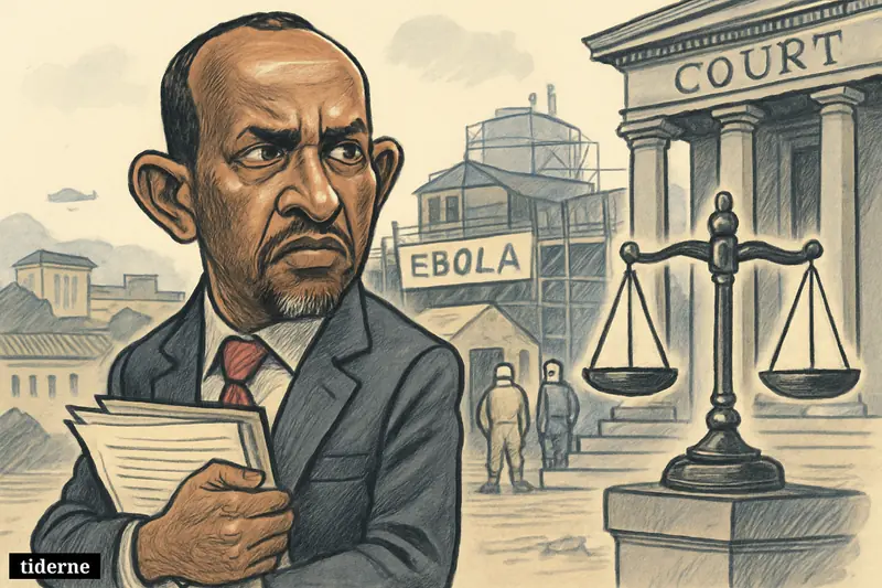 Caricature of Aden Duale outside a courthouse, with legal symbols beside him and an Ebola treatment center under construction behind.