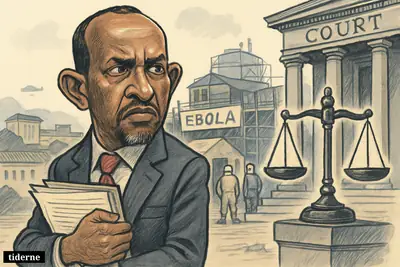 Caricature of Aden Duale outside a courthouse, with legal symbols beside him and an Ebola treatment center under construction behind.