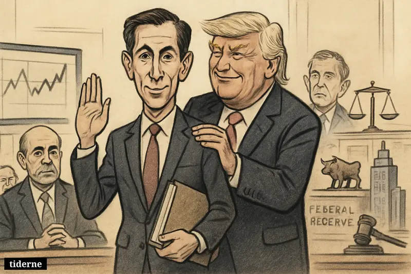Kevin Warsh takes center stage at a Federal Reserve oath scene as Trump beams beside him and past officials watch tensely.