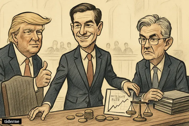 Kevin Warsh stands confidently in a central bank hearing room as Trump looks pleased nearby and Jerome Powell sits tensely beside policy props.