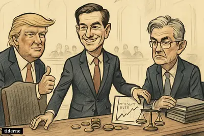 Kevin Warsh stands confidently in a central bank hearing room as Trump looks pleased nearby and Jerome Powell sits tensely beside policy props.