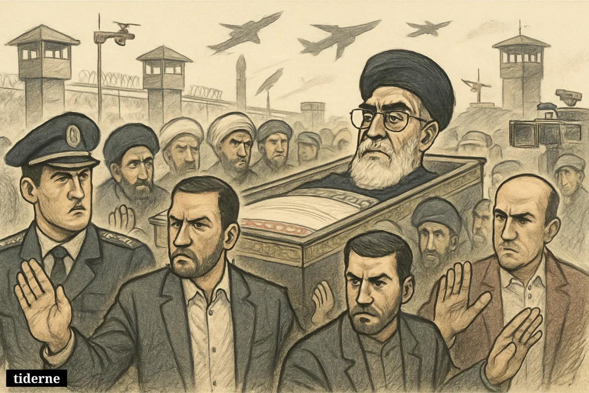 Ali Khamenei’s funeral procession guarded by tense security forces, with mourners, barricades, surveillance gear, and distant signs of military threat.