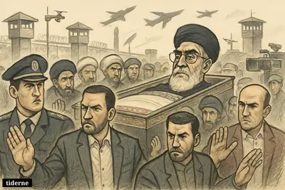 Ali Khamenei’s funeral procession guarded by tense security forces, with mourners, barricades, surveillance gear, and distant signs of military threat.