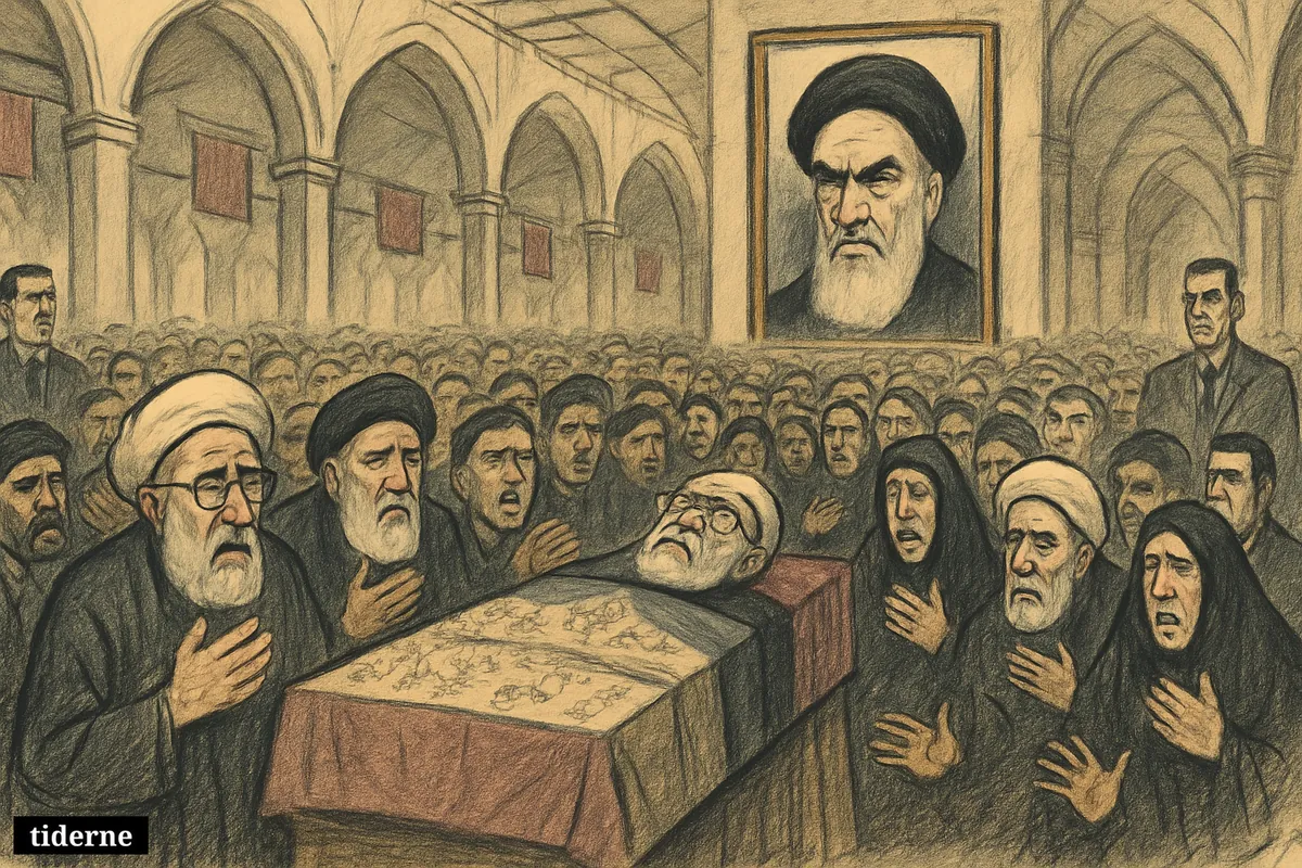 A crowded mourning hall in Tehran surrounds Khamenei’s coffin while a large portrait of Khomeini overlooks grieving worshippers and watchful security.