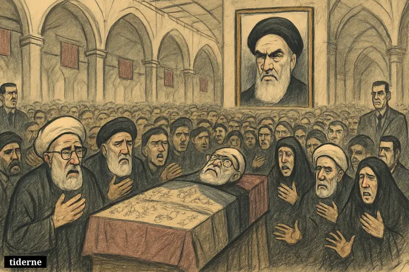 A crowded mourning hall in Tehran surrounds Khamenei’s coffin while a large portrait of Khomeini overlooks grieving worshippers and watchful security.