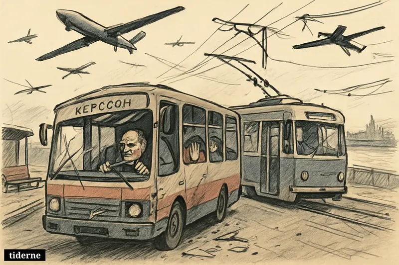Damaged bus and trolleybus in Kherson come under attack from low-flying drones as frightened passengers and driver brace inside.